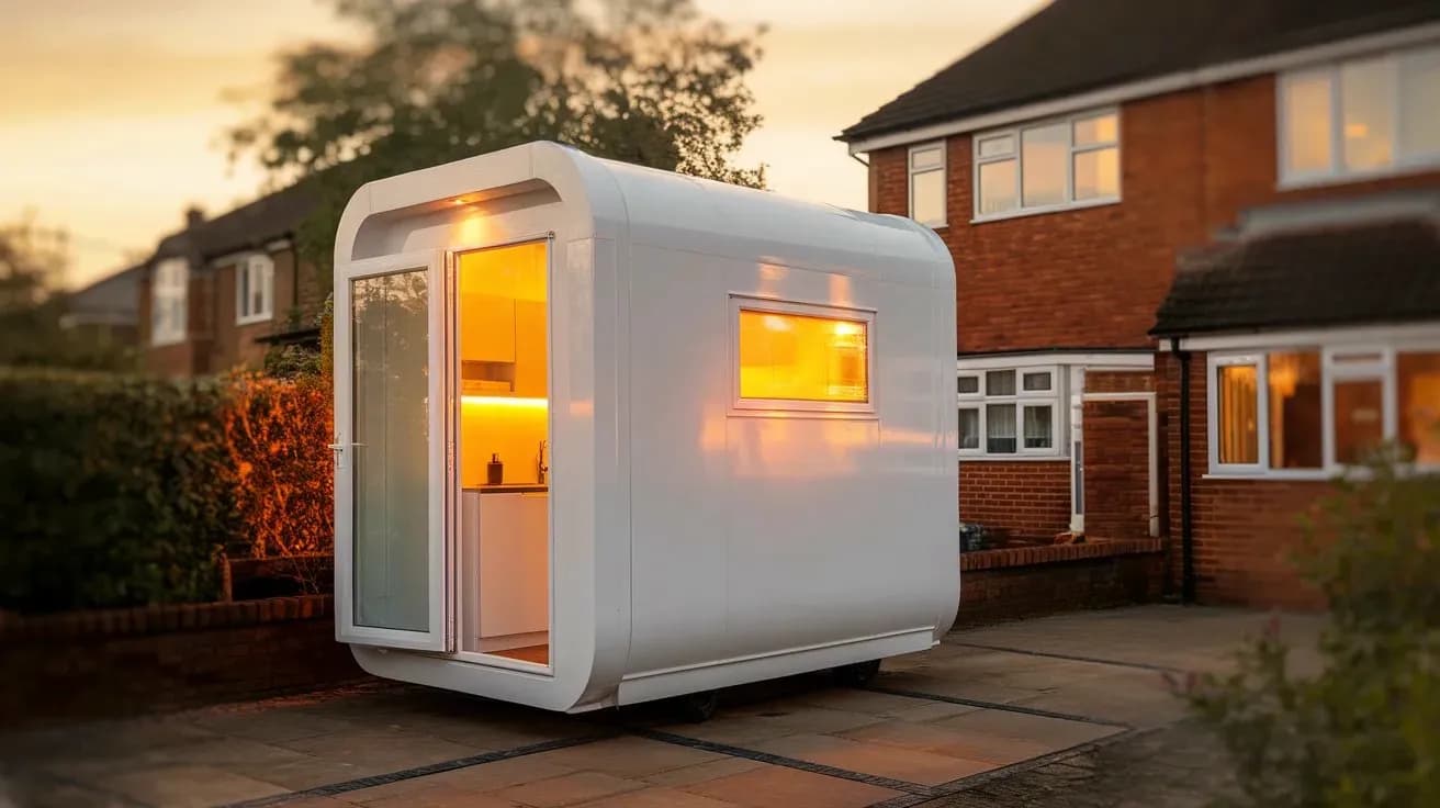 Temporary kitchen pod on a residential driveway at dusk